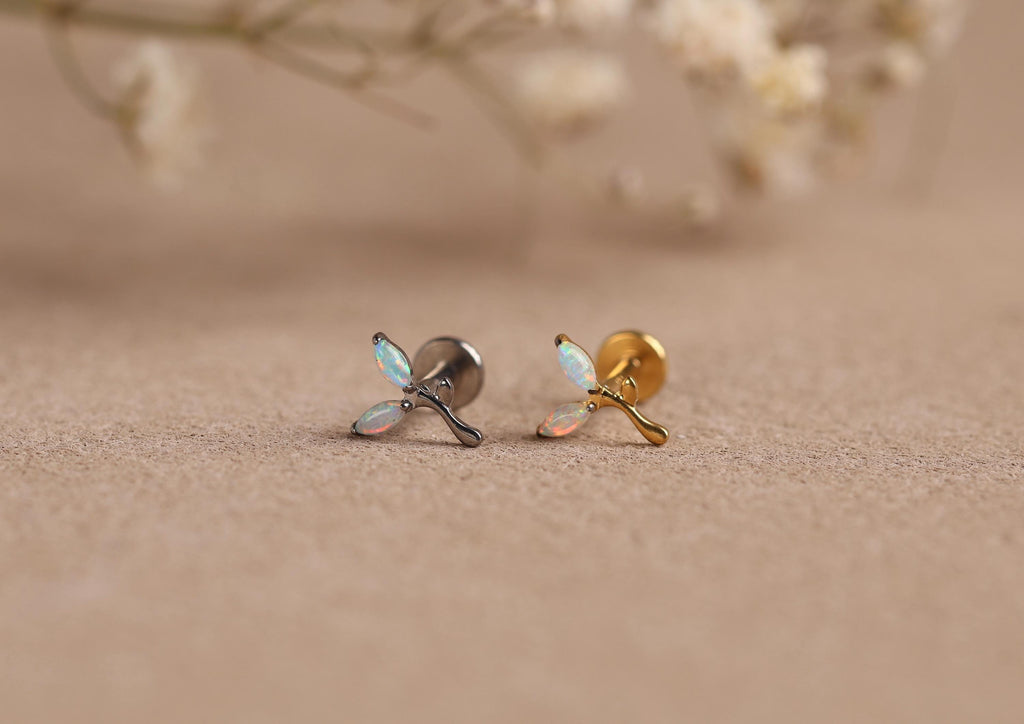 16G/18G Titanium Double Marquise Opal Leaf Flat Back Earrings - Implant-Grade Titanium Nap Earrings - Hypoallergenic Cartilage Studs N139