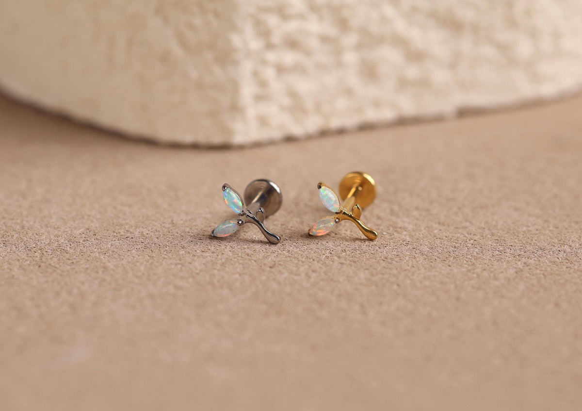 16G/18G Titanium Double Marquise Opal Leaf Flat Back Earrings - Implant-Grade Titanium Nap Earrings - Hypoallergenic Cartilage Studs N139