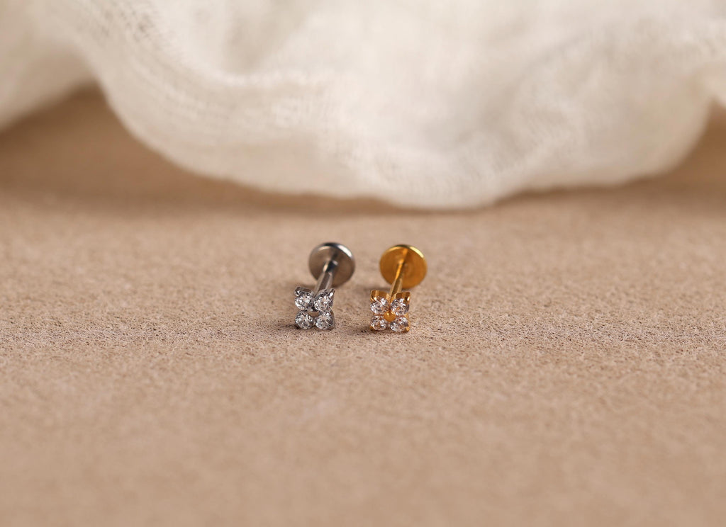 16G/18G/20G Titanium Flower Flat Back Earrings, Threadless Cartilage Studs, CZ Helix Earrings, Tiny Floral Tragus Jewelry N161