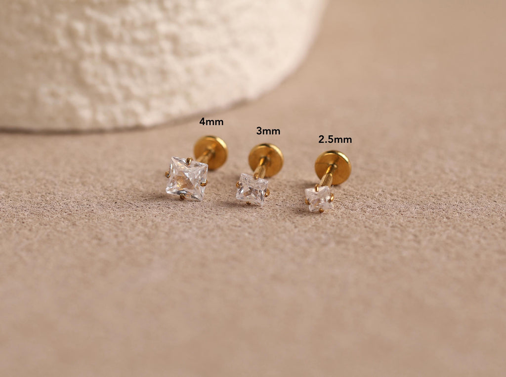 16G/18G/20G Princess Cut CZ Flat Back Earrings, Titanium Stud Earrings, Hypoallergenic Helix Tragus Cartilage Labret Piercing N177