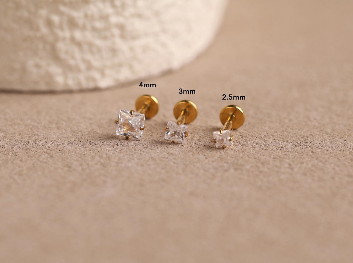 16G/18G/20G Princess Cut CZ Flat Back Earrings, Titanium Stud Earrings, Hypoallergenic Helix Tragus Cartilage Labret Piercing N177