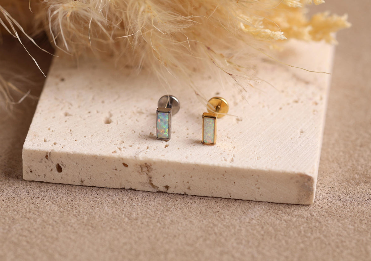 16G/18G Titanium Baguette Opal Bar Stud Earrings – Minimalist Titanium Flat Back Labret – Cartilage, Helix, Tragus Jewelry N140