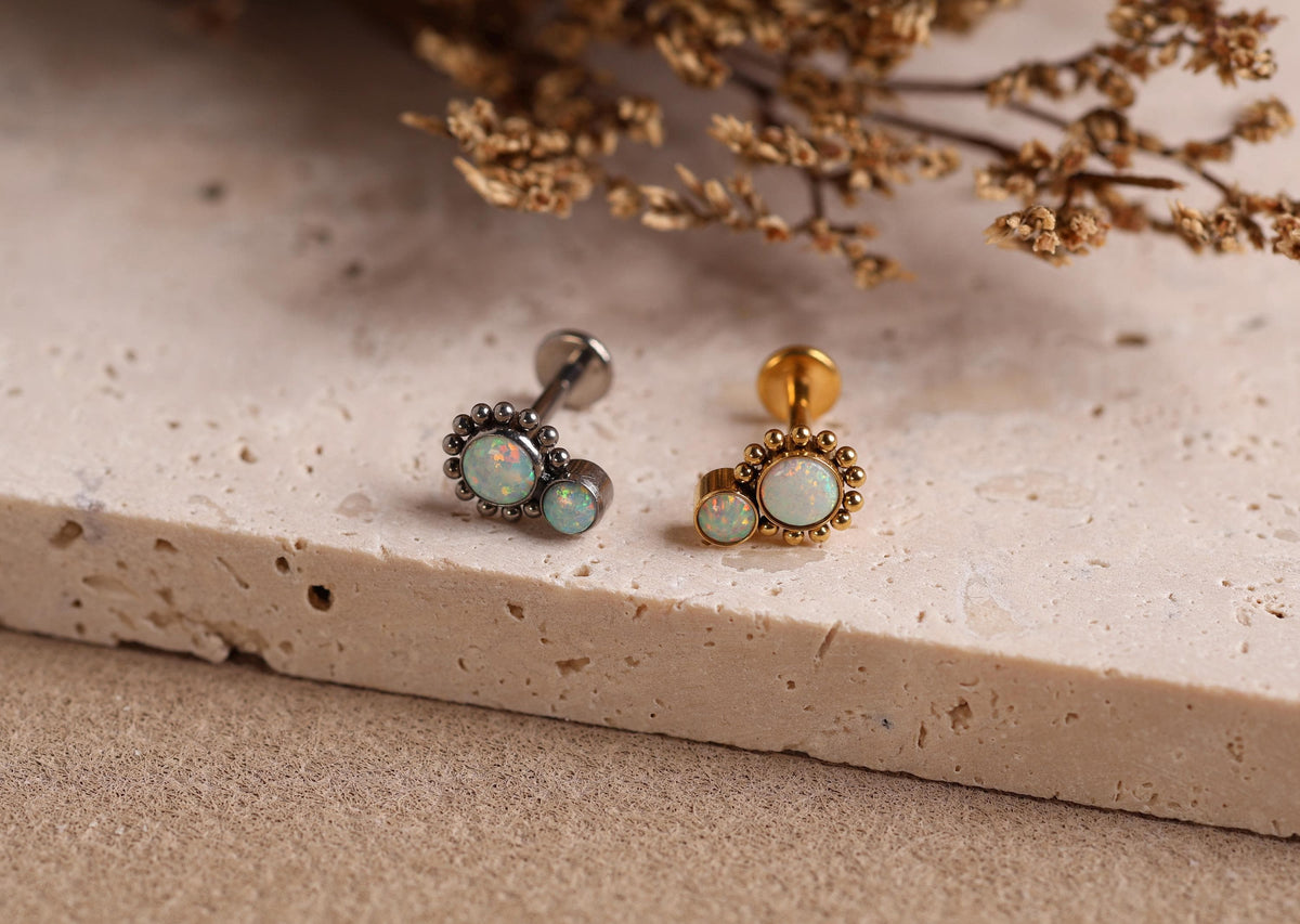 16G/18G Titanium Floral Double Opal Beaded Studs - Threaded Flat Back Earrings -Hypoallergenic White Fire Opal Labret for Cartilage N137