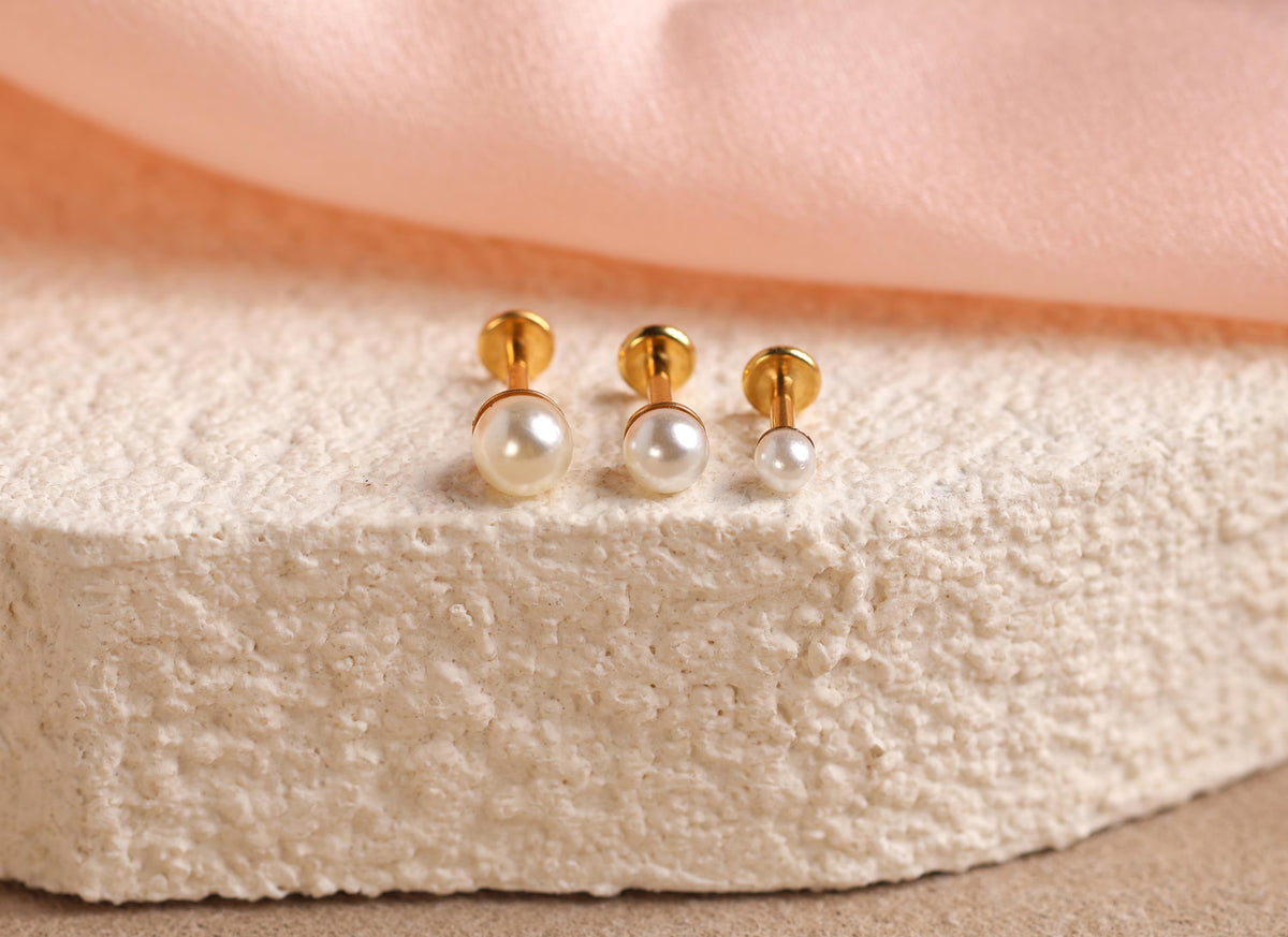 Titanium Threadless Push Pin Pearl Flat Back Earrings
