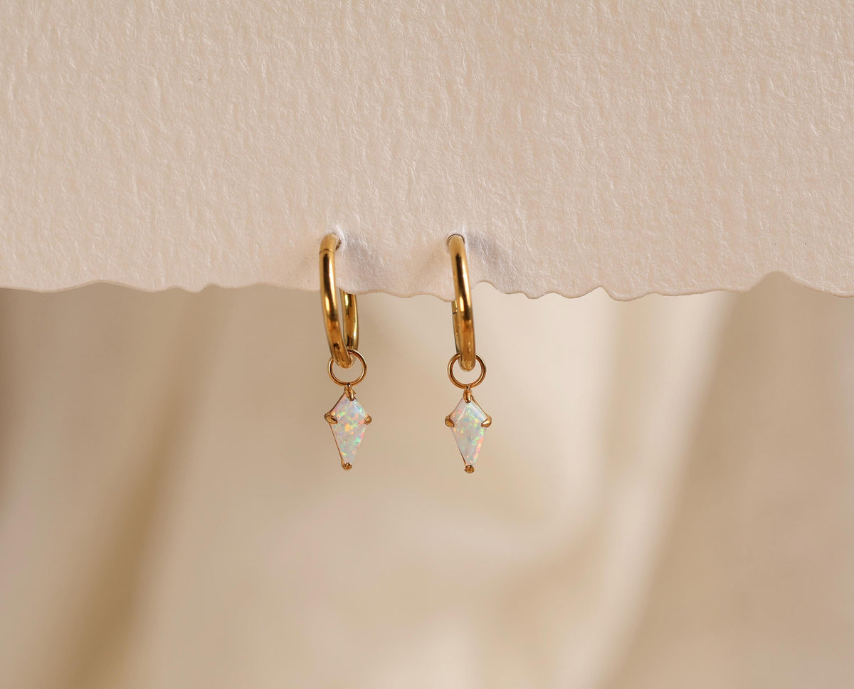 16G/18G White Opal Kite Dangle Hoop Earrings, Titanium Huggie Hoops, Minimalist Opal Charm Earrings, Hypoallergenic Cartilage Earrings N164