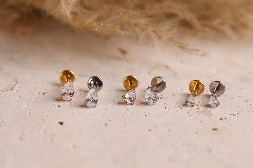 16G/18G/20G Pear Cut Titanium Flat Back Earrings, Dainty Teardrop Crystal Stud, Hypoallergenic Threadless Stud, Gift for her N180