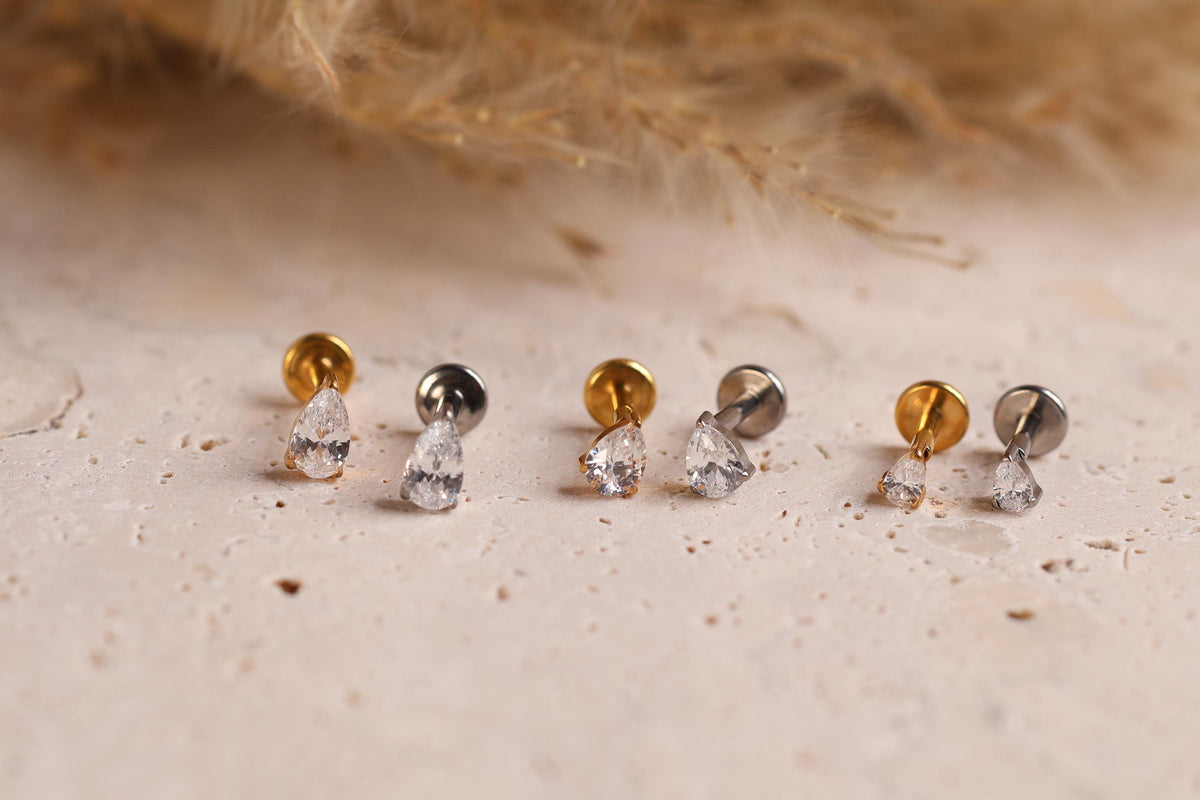 16G/18G/20G Pear Cut Titanium Flat Back Earrings, Dainty Teardrop Crystal Stud, Hypoallergenic Threadless Stud, Gift for her N180
