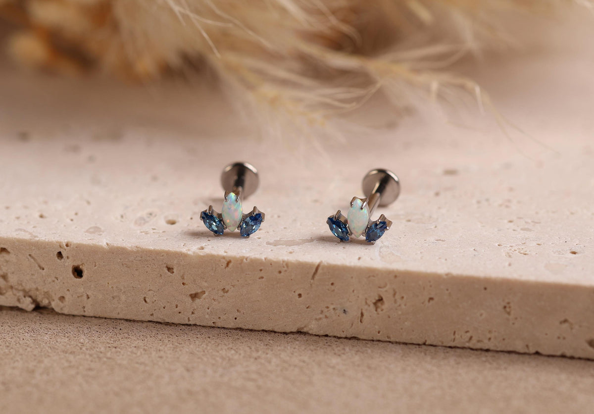 16/18G Titanium Opal & Blue Marquise Screw Back Stud Earrings, Internally Threaded Flat Back Cartilage Earrings, Helix Tragus Conch N146