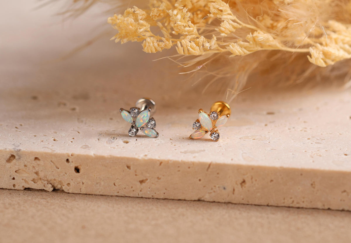 16G/18G/20G Titanium Triple Opal Cluster Flat Back Earrings, Threadless Cartilage Studs, Helix Earrings, Opal & CZ Tragus Jewelry N158