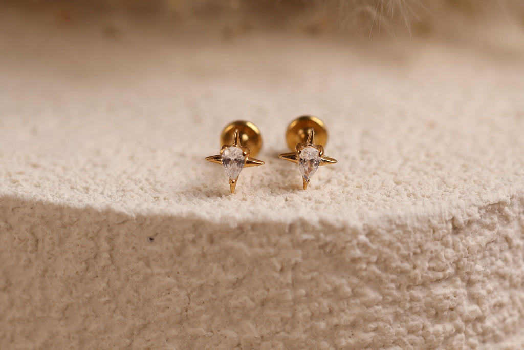 16G/18G Titanium Starbust Pear Flat Back Earrings, Internal Threaded Cartilage Stud, Dainty Celestial Helix Tragus Conch Lobe N183