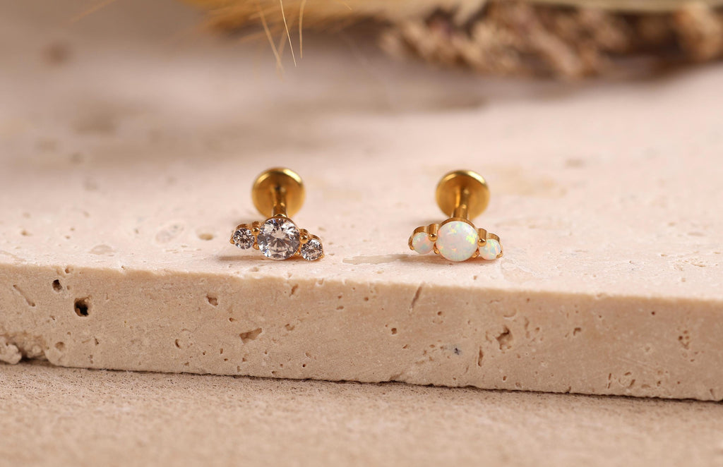 16G/18G/20G Titanium Opal & CZ Cluster Flat Back Earrings, Dainty Three Stone Cartilage Stud, Helix Flat Tragus Lobe Earring