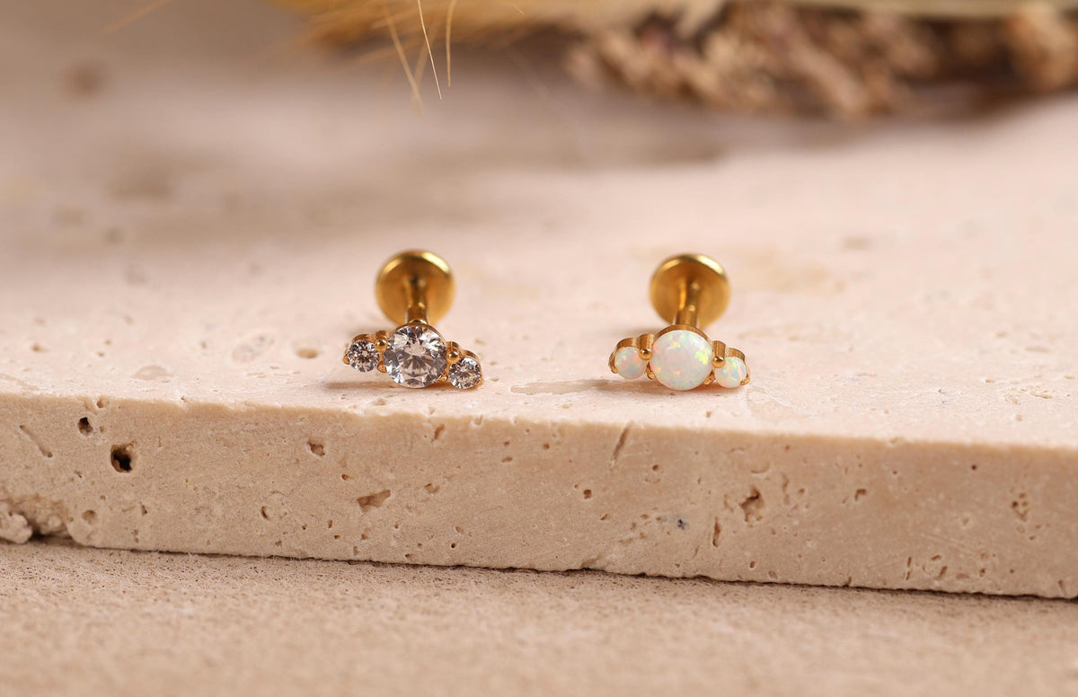 16G/18G/20G Titanium Opal & CZ Cluster Flat Back Earrings, Dainty Three Stone Cartilage Stud, Helix Flat Tragus Lobe Earring
