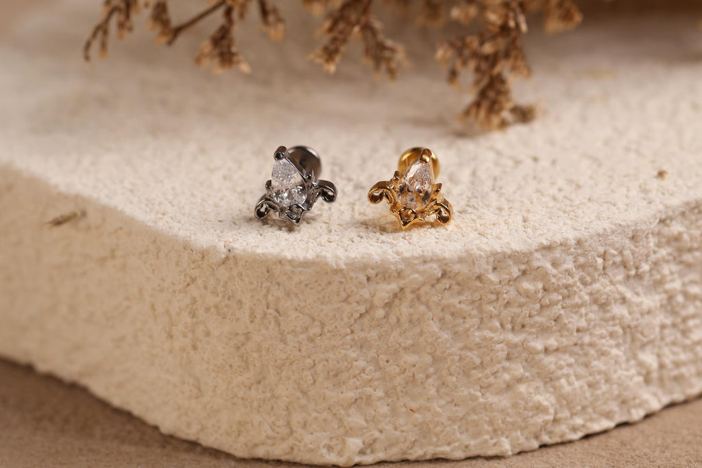 Titanium Internal Threaded Pear CZ Ornate Flat Back Studs