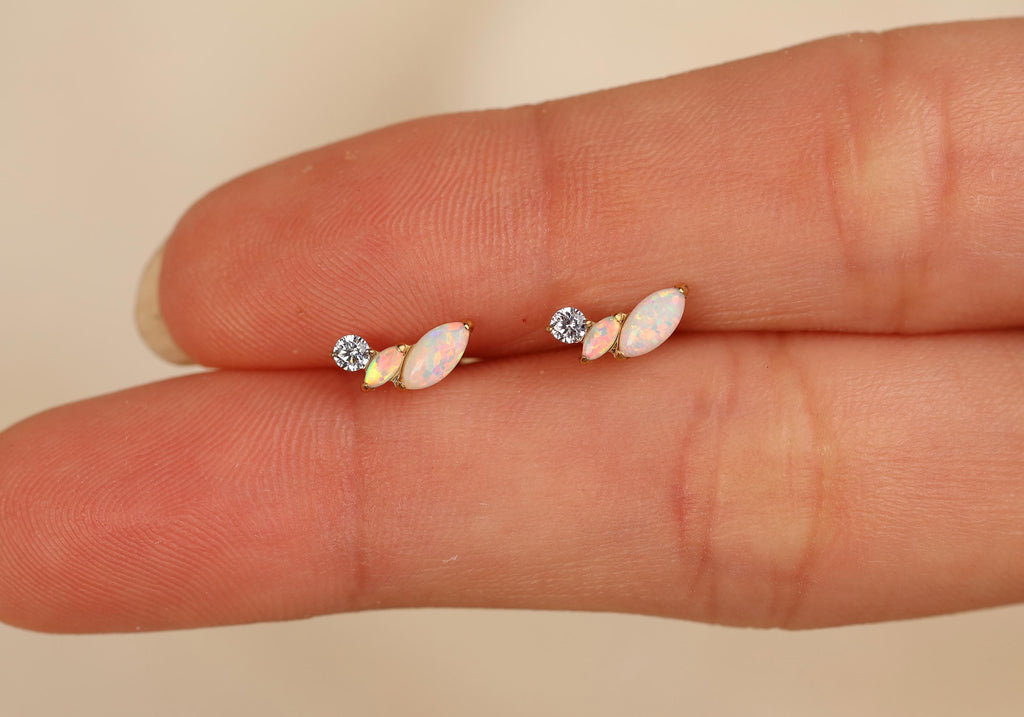16G/18G Titanium Opal Marquise Leaf Earring, Internal Threaded Flat Back Stud, Dainty Opal Cartilage Helix Tragus Lobe Jewelry N187