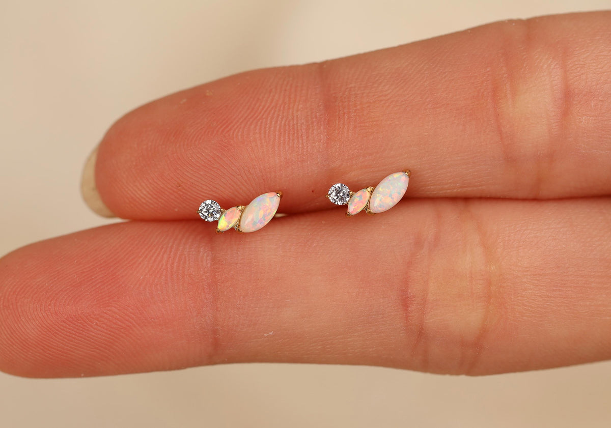 16G/18G Titanium Opal Marquise Leaf Earring, Internal Threaded Flat Back Stud, Dainty Opal Cartilage Helix Tragus Lobe Jewelry N187