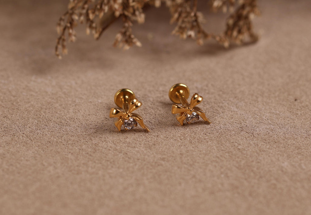 16G/18G Titanium Bow Round CZ Flat Back Earrings, Internal Threaded Titanium Studs, Dainty Ribbon Cartilage Earring, Helix Tragus Lobe N186