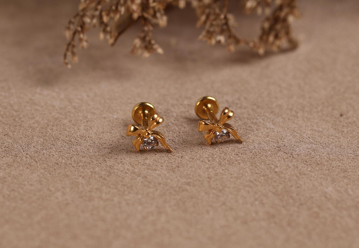 16G/18G Titanium Bow Round CZ Flat Back Earrings, Internal Threaded Titanium Studs, Dainty Ribbon Cartilage Earring, Helix Tragus Lobe N186