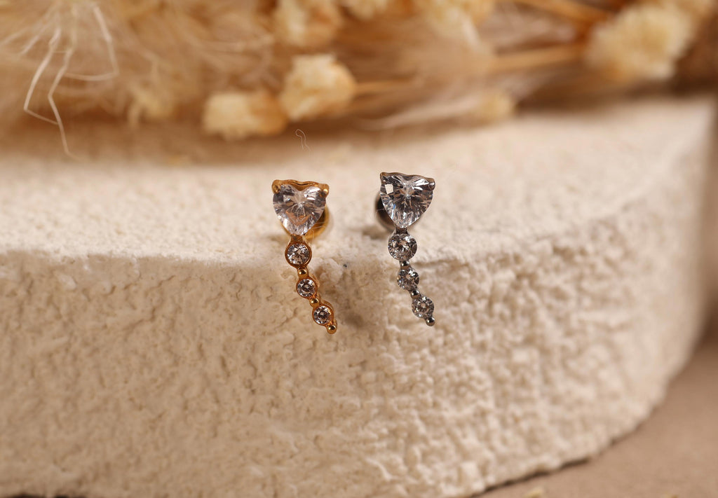 16G/18G Titanium Heart CZ Dangle Flat Back Earring, Internal Threaded Titanium Stud, Dainty Cartilage Earring, Helix Tragus Lobe N185