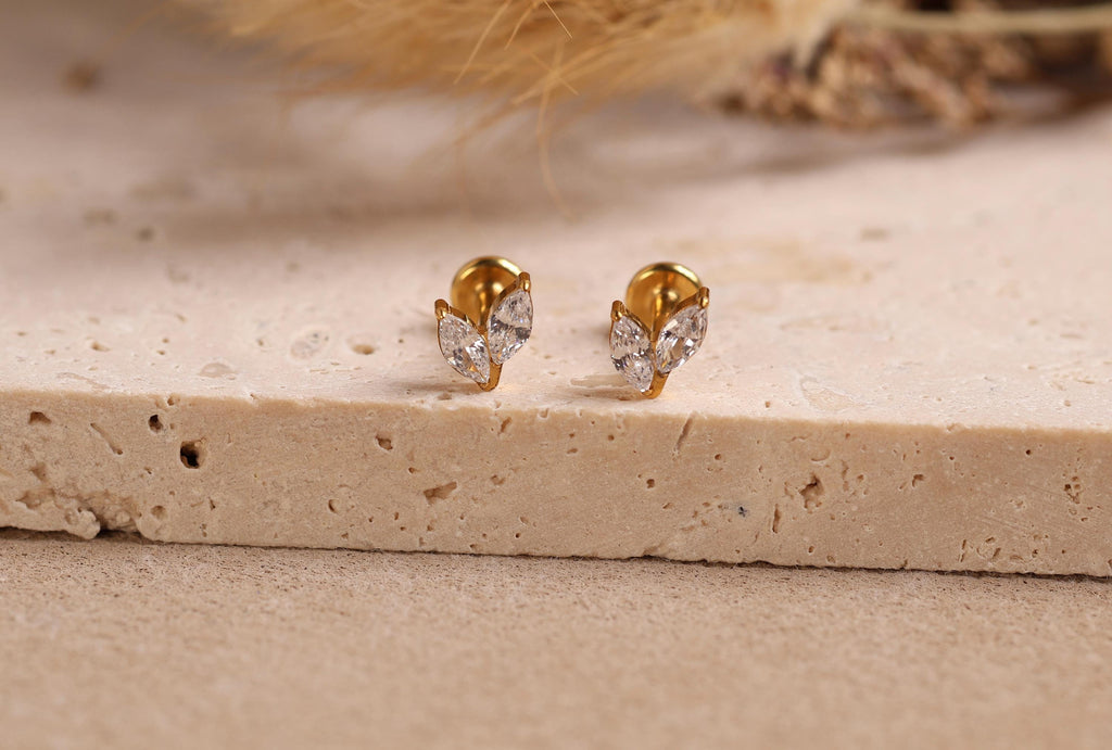 16G/18G Titanium Double Marquise Leaf  Flat Back Stud, Internal Threaded Studs, Dainty CZ Cartilage Earring, Helix Tragus Lobe N181