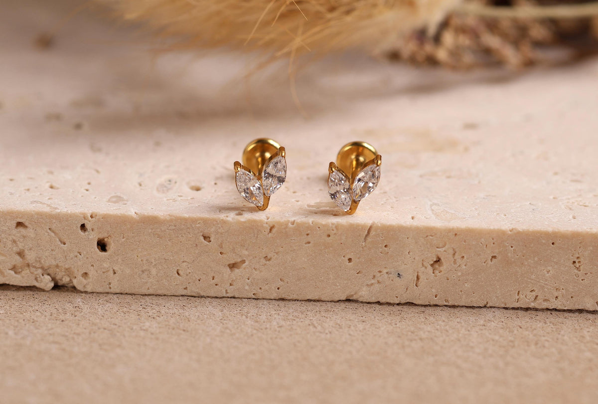 16G/18G Titanium Double Marquise Leaf  Flat Back Stud, Internal Threaded Studs, Dainty CZ Cartilage Earring, Helix Tragus Lobe N181