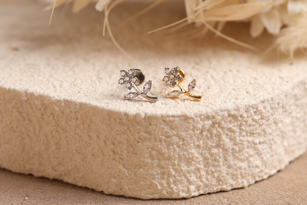 16G/18G Titanium Crystal Flower Branch Stud Earring – Internally Threaded Cartilage Jewelry, Conch Flat Lobe N192
