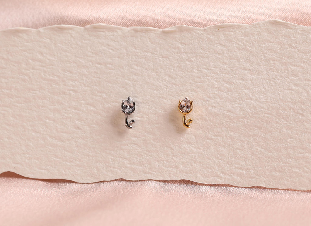 16G/18G Titanium Pear-Cut Tulip Stud Earring – Internally Threaded Flat BackHelix , Cartilage Tragus Lobe Earrings N194
