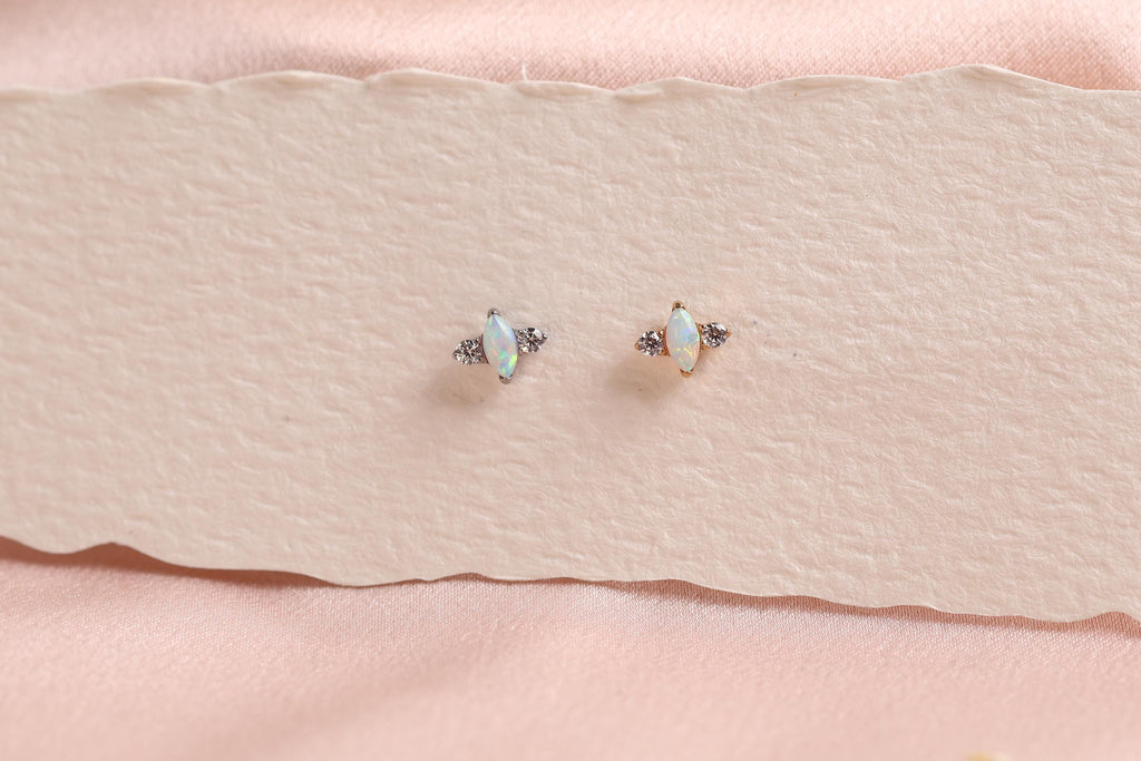 16G/18G Titanium Marquise Opal Trio Stud Earring – Internally Threaded Flat Back , Cartilage Tragus Lobe Earrings N195