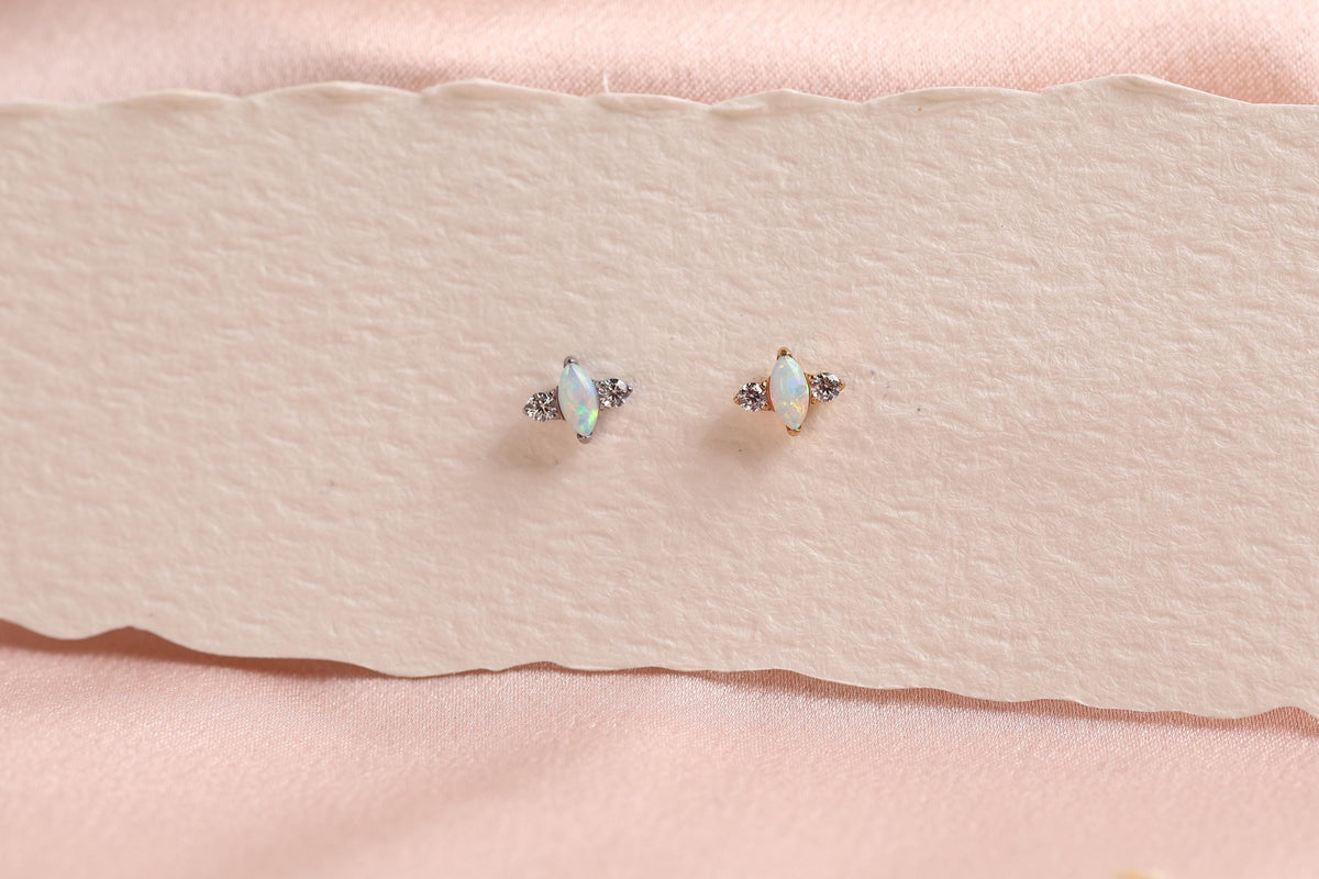 16G/18G Titanium Marquise Opal Trio Stud Earring – Internally Threaded Flat Back , Cartilage Tragus Lobe Earrings N195