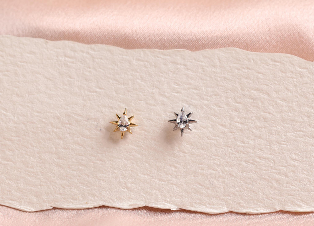 16G/18G Titanium Pear Crystal Sunburst Stud Earring – Internally Threaded Flat Back , Cartilage Tragus Lobe Earrings N196