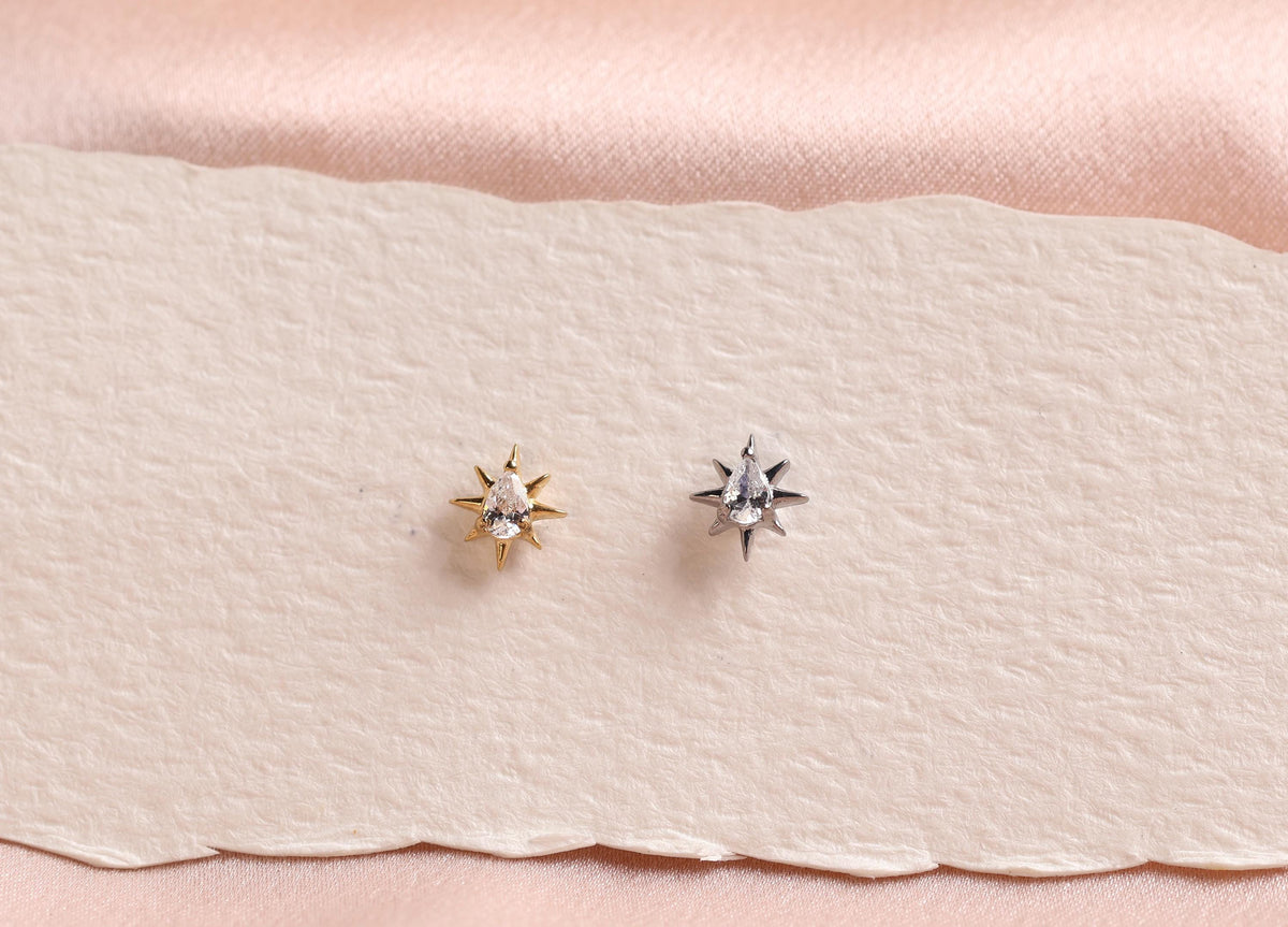 16G/18G Titanium Pear Crystal Sunburst Stud Earring – Internally Threaded Flat Back , Cartilage Tragus Lobe Earrings N196