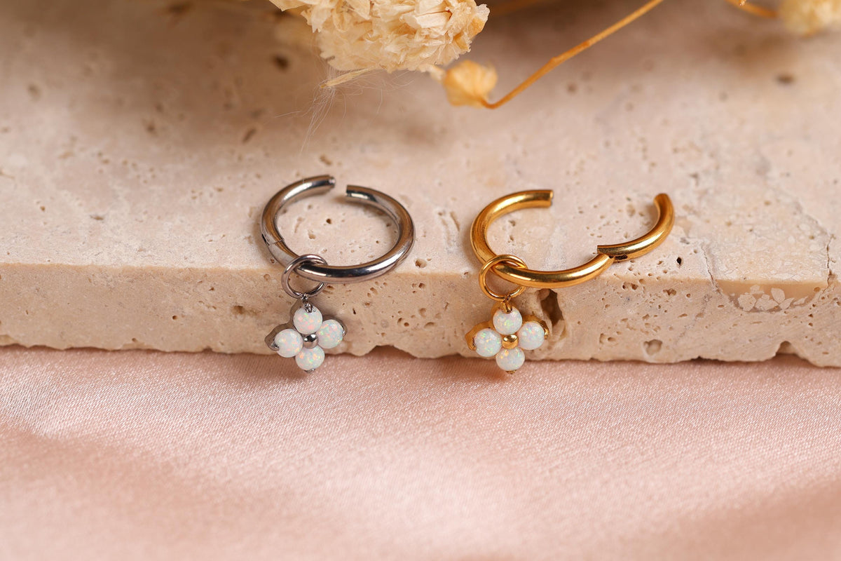 16G/18G Titanium Opal Flower Hoop Earrings | Dainty Opal Charm Hoops | Hypoallergenic Cartilage Earrings | Minimalist Huggie Hoops N167