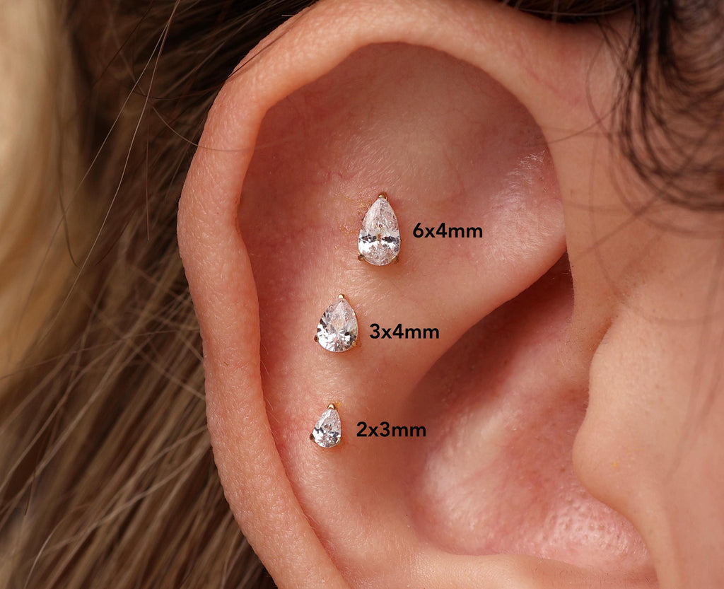 16G/18G/20G Pear Cut Titanium Flat Back Earrings, Dainty Teardrop Crystal Stud, Hypoallergenic Threadless Stud, Gift for her N180