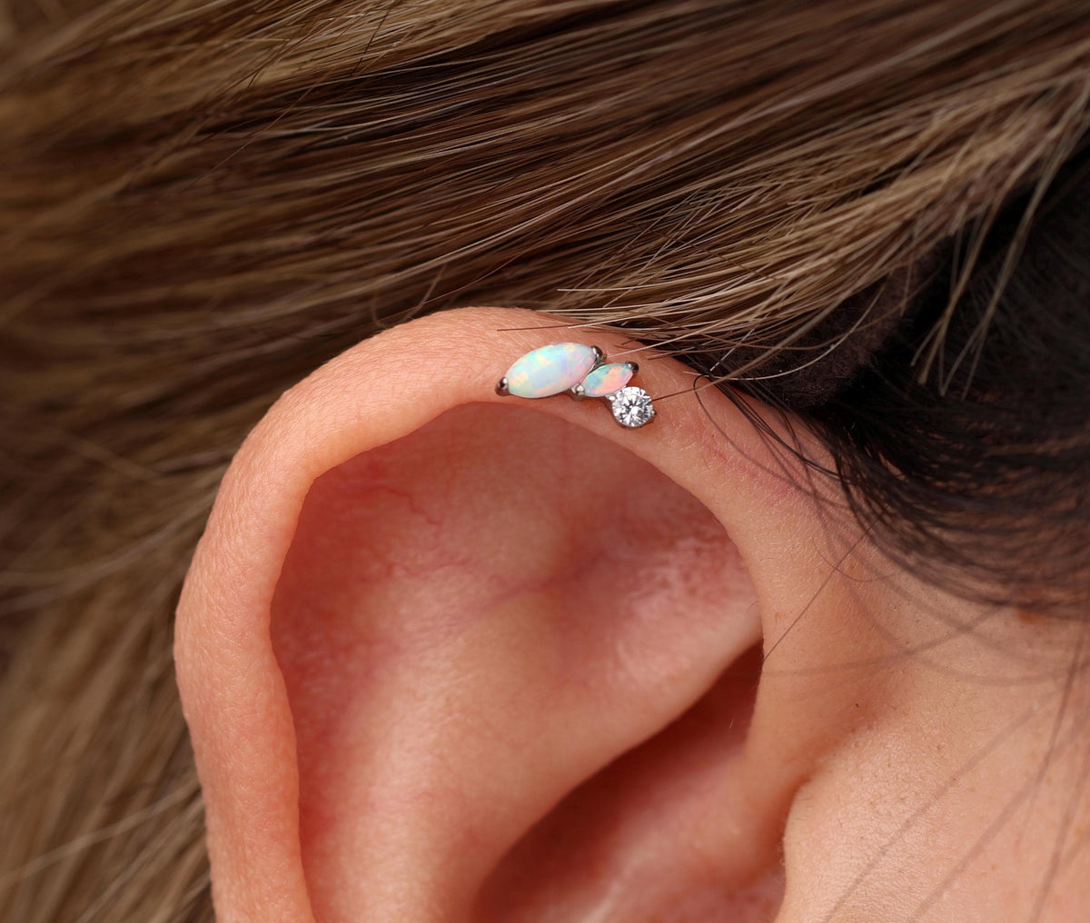 16G/18G Titanium Opal Marquise Leaf Flat Back Earring, Internal Threaded Titanium Stud, Dainty Opal Cartilage Helix Tragus Lobe Jewelry N187
