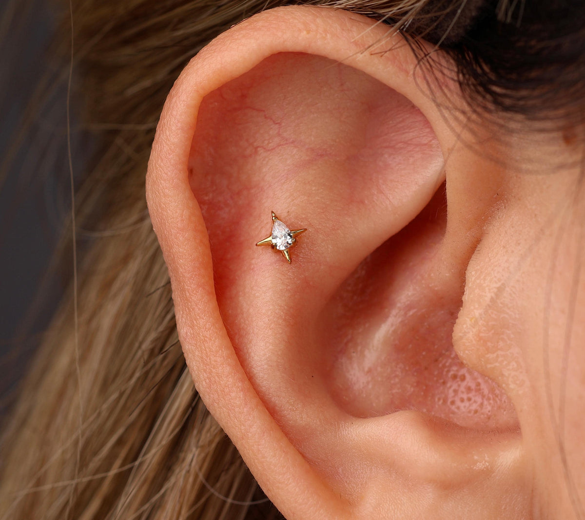 16G/18G Titanium Starbust Pear Flat Back Earrings, Internal Threaded Cartilage Stud, Dainty Celestial Helix Tragus Conch Lobe N183
