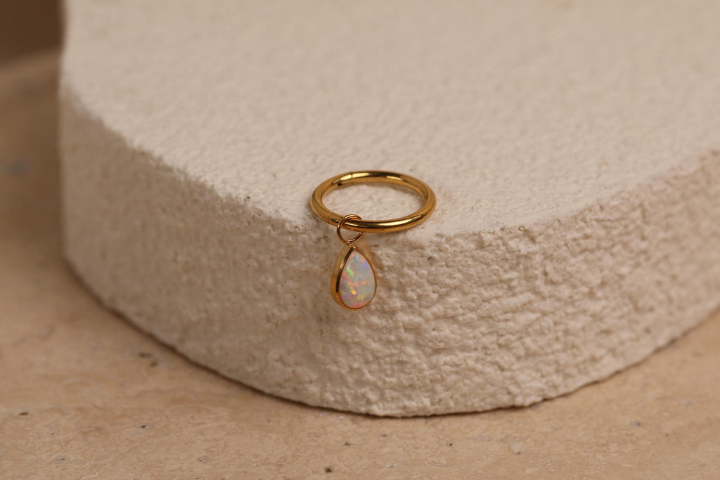 16G/18G Titanium Huggie Hoop Earrings with Pear Opal Charm, Dainty Cartilage Hoop, Helix Hoop, Conch Hoop, Lobe Earrings, N215