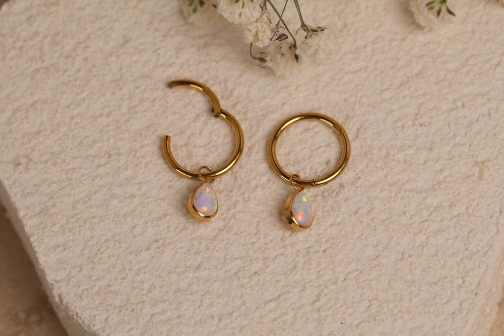16G/18G Titanium Huggie Hoop Earrings with Pear Opal Charm, Dainty Cartilage Hoop, Helix Hoop, Conch Hoop, Lobe Earrings, N215