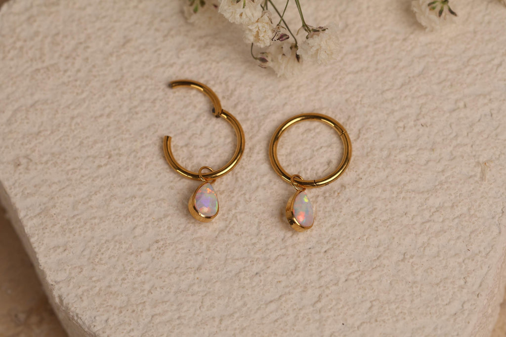 16G/18G Titanium Huggie Hoop Earrings with Pear Opal Charm, Dainty Cartilage Hoop, Helix Hoop, Conch Hoop, Lobe Earrings, N215