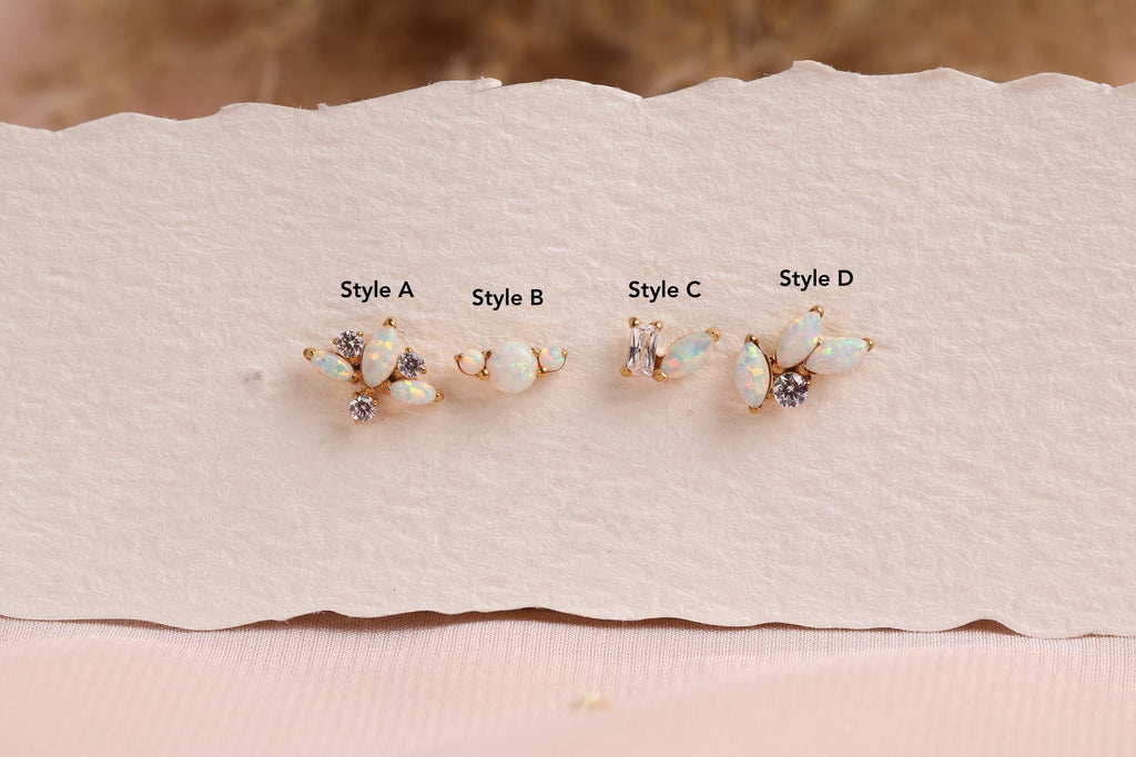 16G/18G/20G Opal Titanium Flat Back Earrings,  Threadless Gold Leaf Cluster Studs, Dainty Cartilage Earring, Helix Tragus Conch Lobe Jewelry