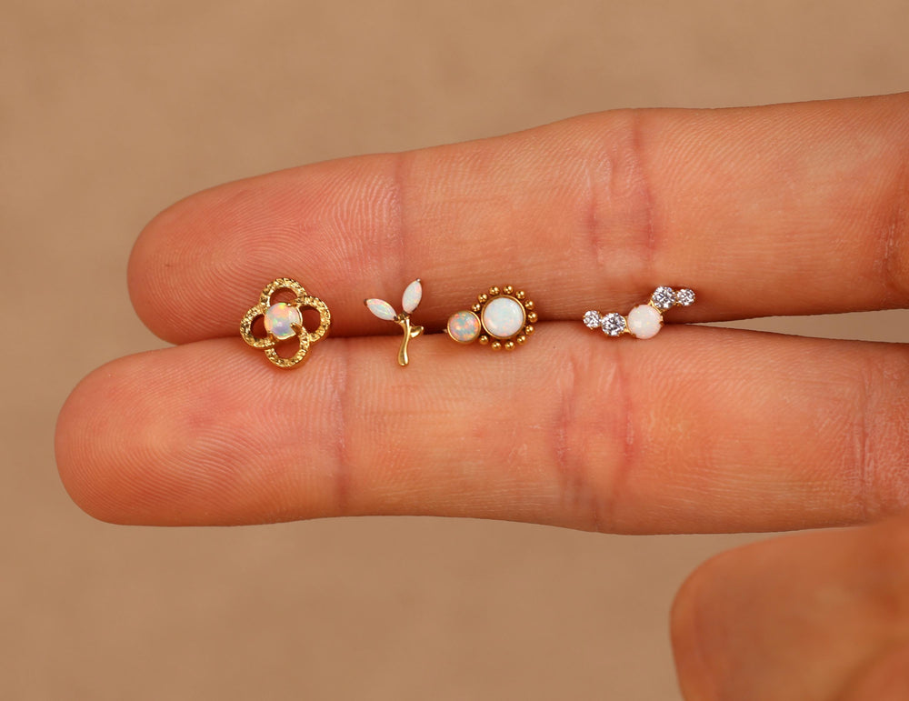 16G/18G Titanium Opal Internal Threaded Flat Back Earrings, Gold Floral Cartilage Studs Set, Earring Gift Set, Gift For Her Jewelry S100