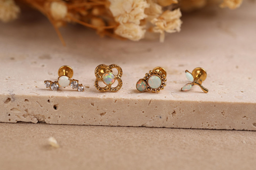 16G/18G Titanium Opal Internal Threaded Flat Back Earrings, Gold Floral Cartilage Studs Set, Earring Gift Set, Gift For Her Jewelry S100