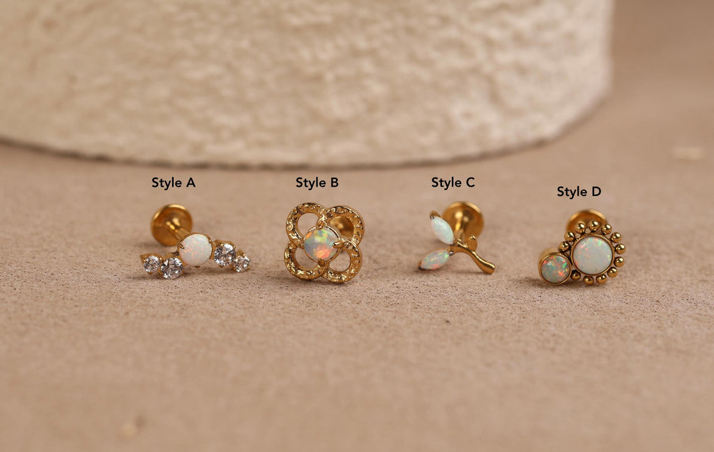 16G/18G Titanium Opal Internal Threaded Flat Back Earrings, Gold Floral Cartilage Studs Set, Earring Gift Set, Gift For Her Jewelry S100