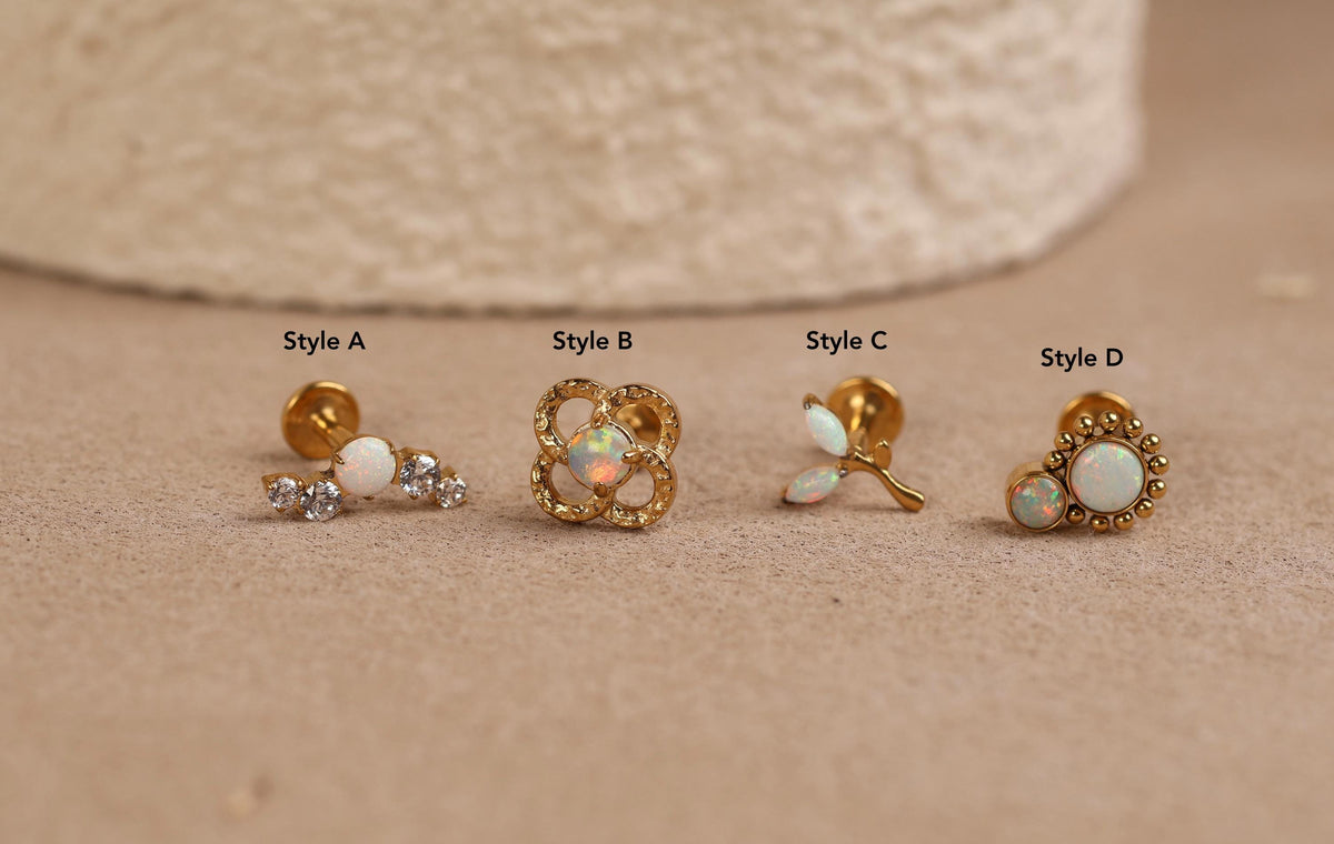 16G/18G Titanium Opal Internal Threaded Flat Back Earrings, Gold Floral Cartilage Studs Set, Earring Gift Set, Gift For Her Jewelry S100