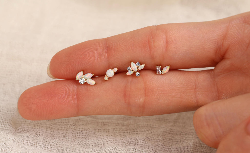 16G/18G/20G Opal Titanium Flat Back Earrings,  Threadless Gold Leaf Cluster Studs, Dainty Cartilage Earring, Helix Tragus Conch Lobe Jewelry