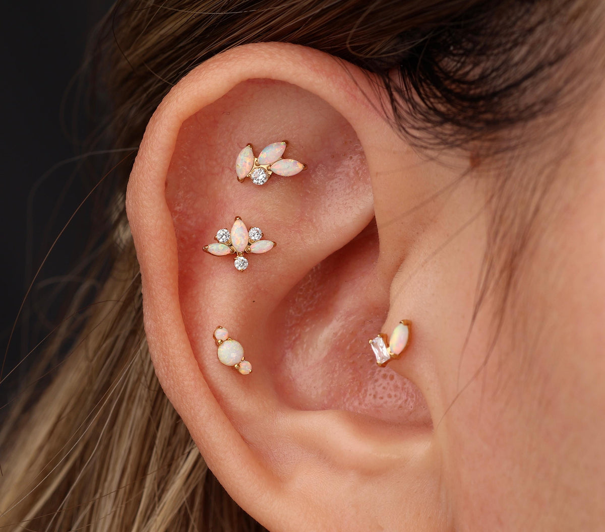 16G/18G/20G Opal Titanium Flat Back Earrings,  Threadless Gold Leaf Cluster Studs, Dainty Cartilage Earring, Helix Tragus Conch Lobe Jewelry