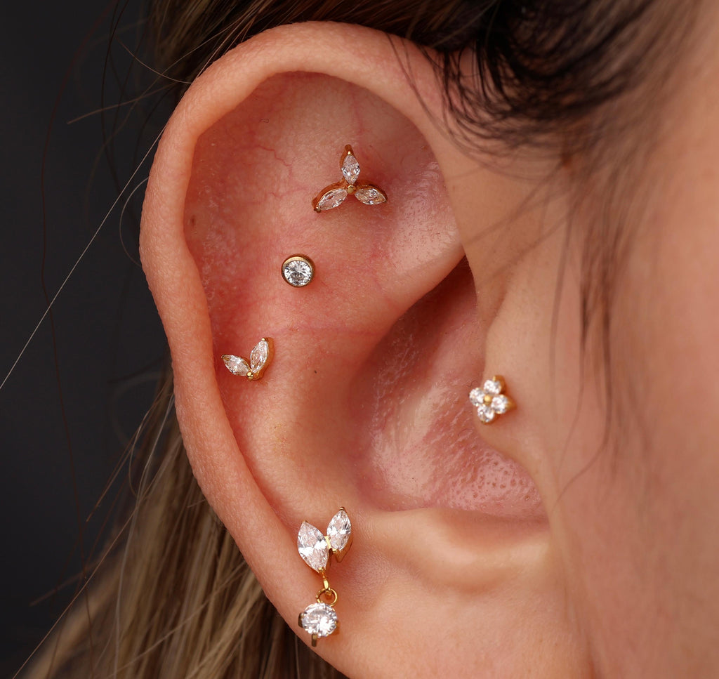 16G/18G/20G Dainty Titanium Stud Earrings, Push Pin Leaf Flower Cartilage Earrings Set, Flat Back Studs, Earring Gift Set, Gift for Her