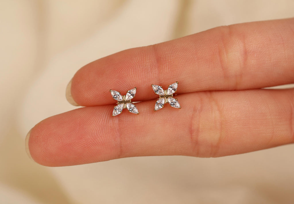 16G/18G Titanium Marquise Flower Flat Back Earrings, Internal Threaded Titanium Studs, Dainty CZ Floral Cartilage Earring, Helix Tragus N182