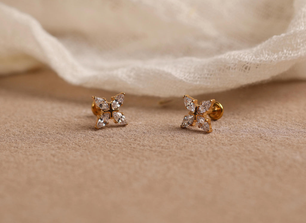 16G/18G Titanium Marquise Flower Flat Back Earrings, Internal Threaded Titanium Studs, Dainty CZ Floral Cartilage Earring, Helix Tragus N182
