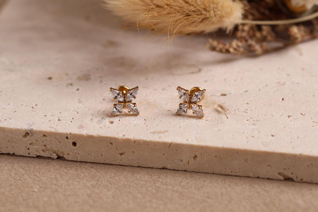 16G/18G Titanium Marquise Flower Flat Back Earrings, Internal Threaded Titanium Studs, Dainty CZ Floral Cartilage Earring, Helix Tragus N182