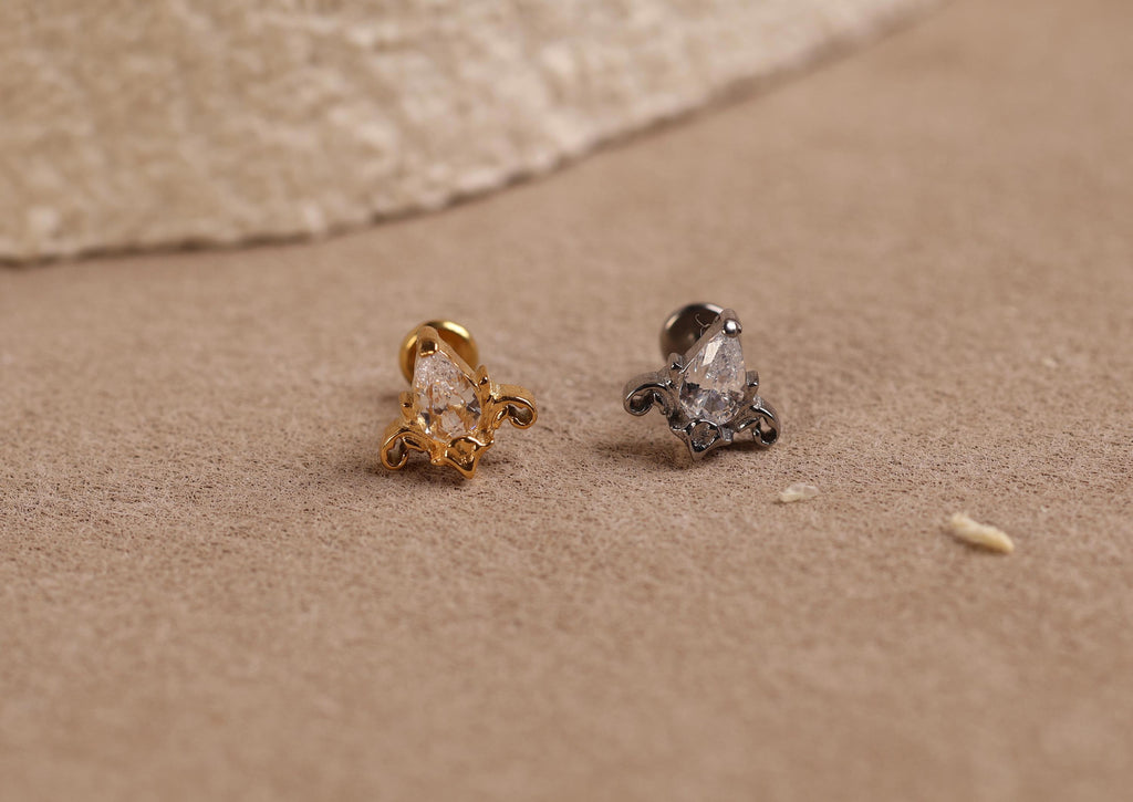 Titanium Internal Threaded Pear CZ Ornate Flat Back Studs