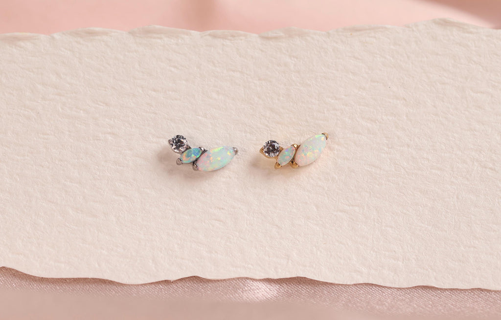 16G/18G Titanium Opal Marquise Leaf Earring, Internal Threaded Flat Back Stud, Dainty Opal Cartilage Helix Tragus Lobe Jewelry N187